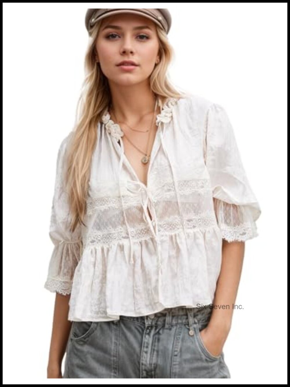 Sheer Lace Tie Front Peasant Blouse Short Sleeve Crop Top